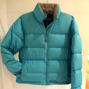 Marmot Women’s Full Zip Down Puffy Jacket, light blue, Size Medium